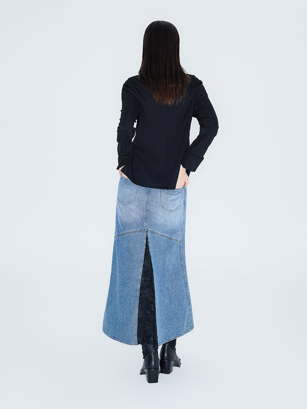 MUKZIN Linglong Old Denim Front Side Slit Patchwork Fishtail Skirt