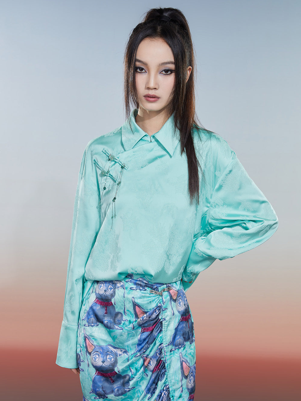 MUKZIN Solid Color Retro Floral Jacquard Chinese Style Shirt