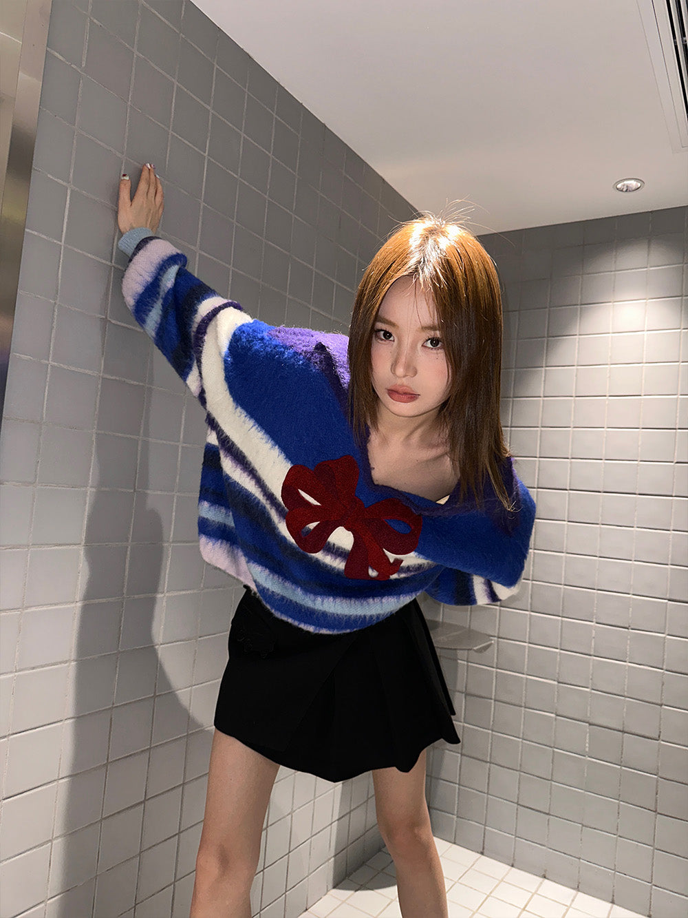 MUKZIN Bow Striped All-match Casual Cute Sweatshirt