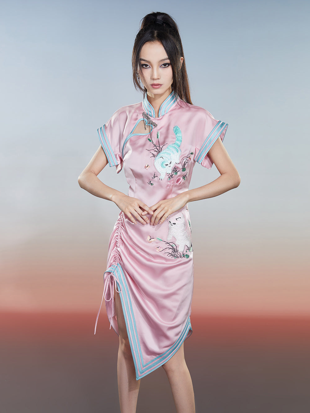 MUKZIN Cat Print Sleeveless Drawstring Cheongsam Qi Pao