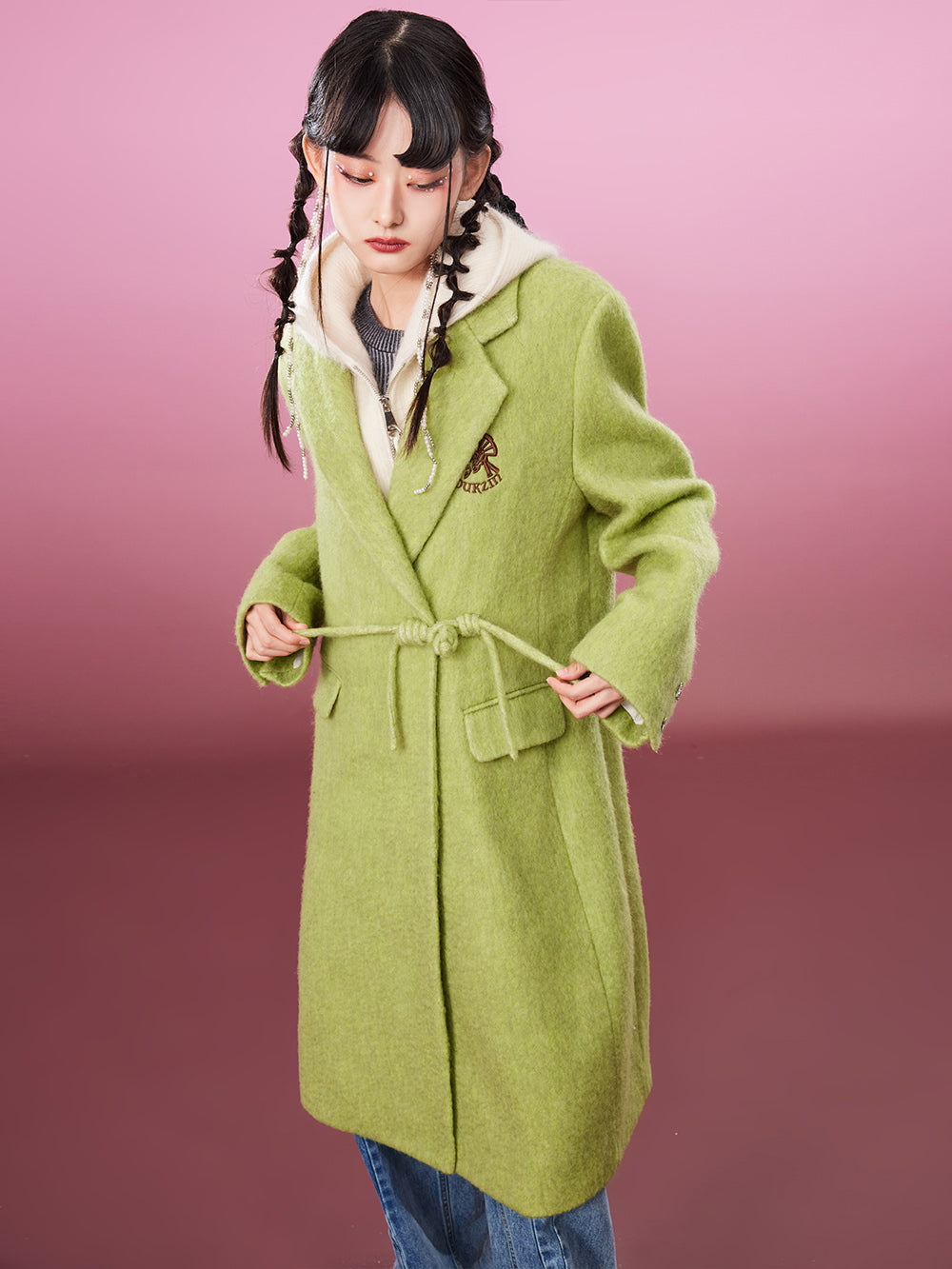 MUKZIN Avocado Green Double-faced Long Woolen Coat