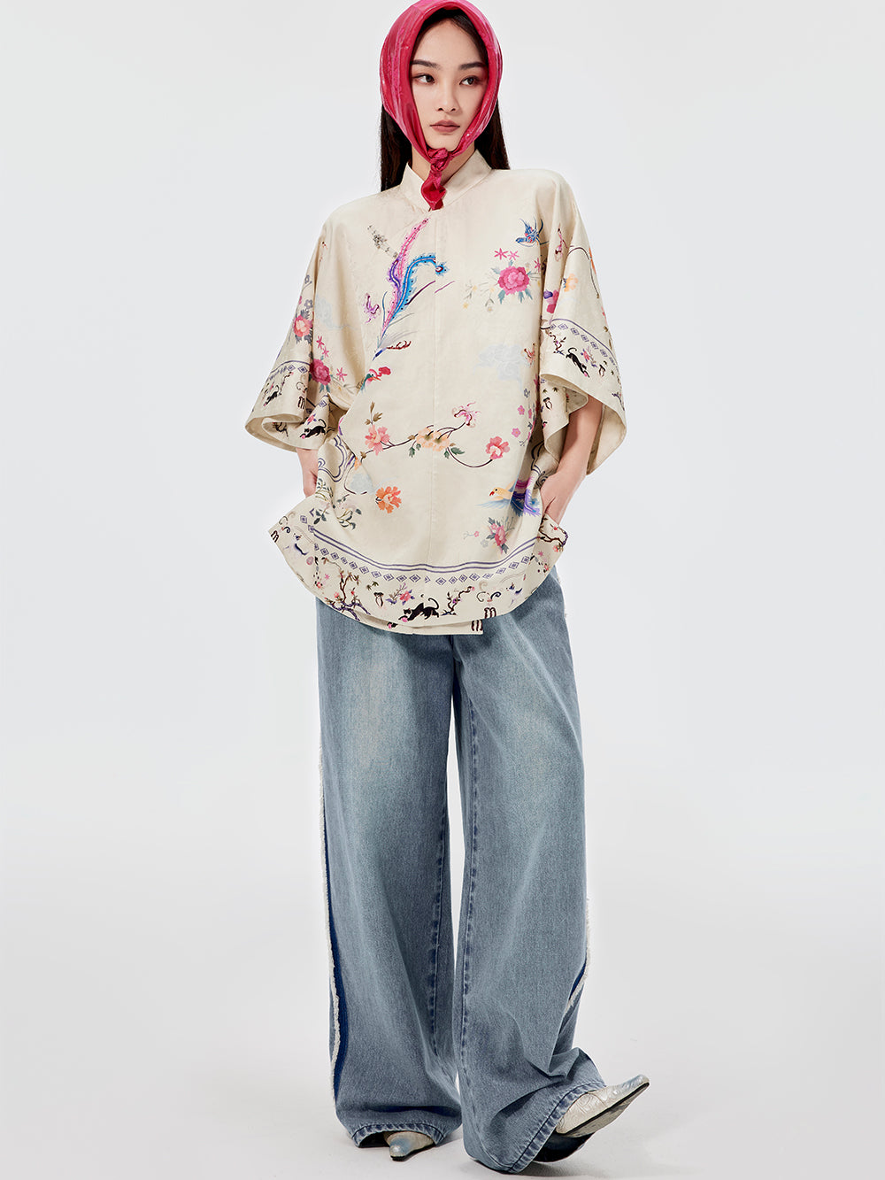 MUKZIN Beige Jacquard Cheongsam Qi Pao Shirt