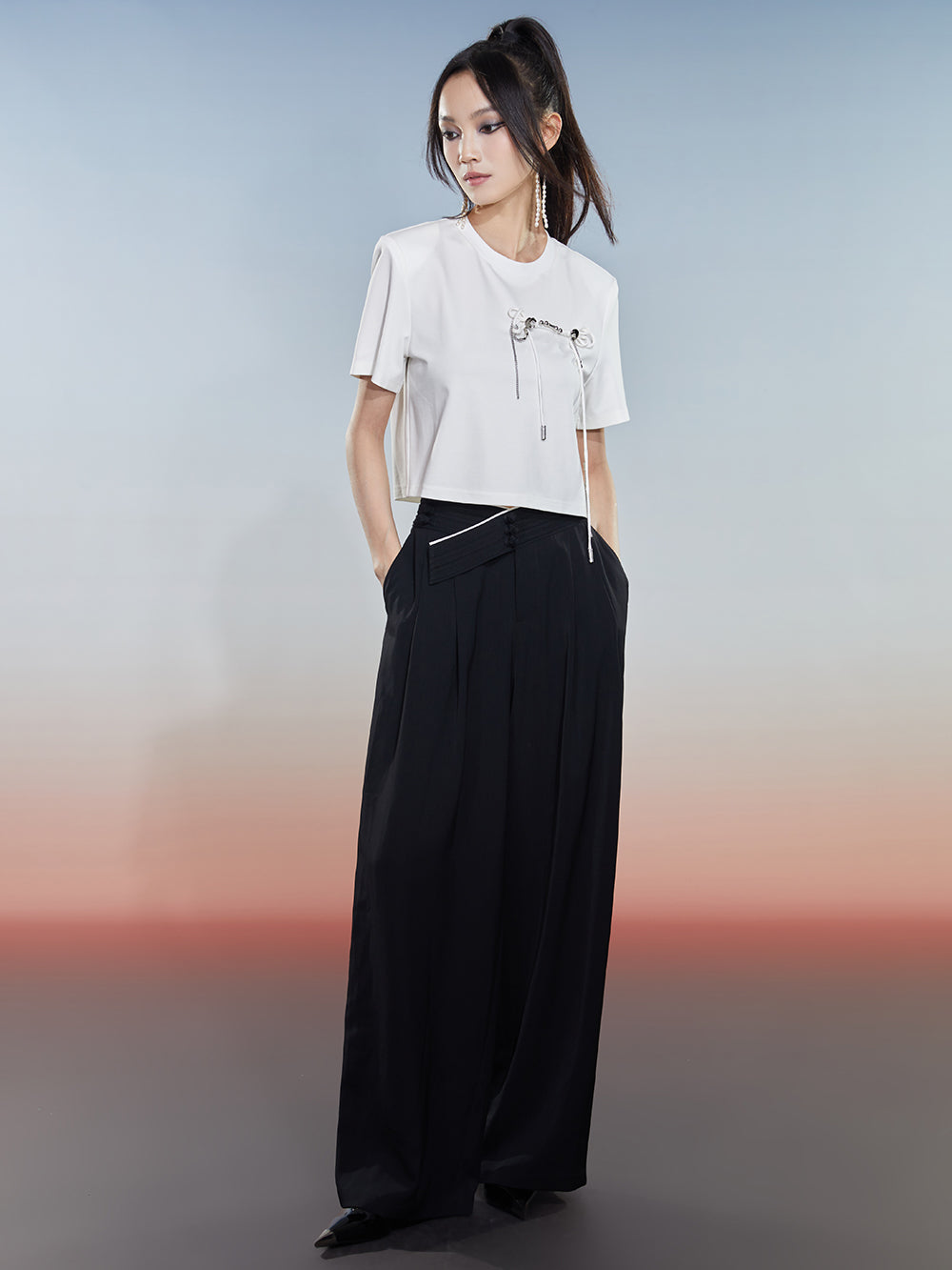 MUKZIN Black Loose Suit Pants with Crossover Design at the Waist
