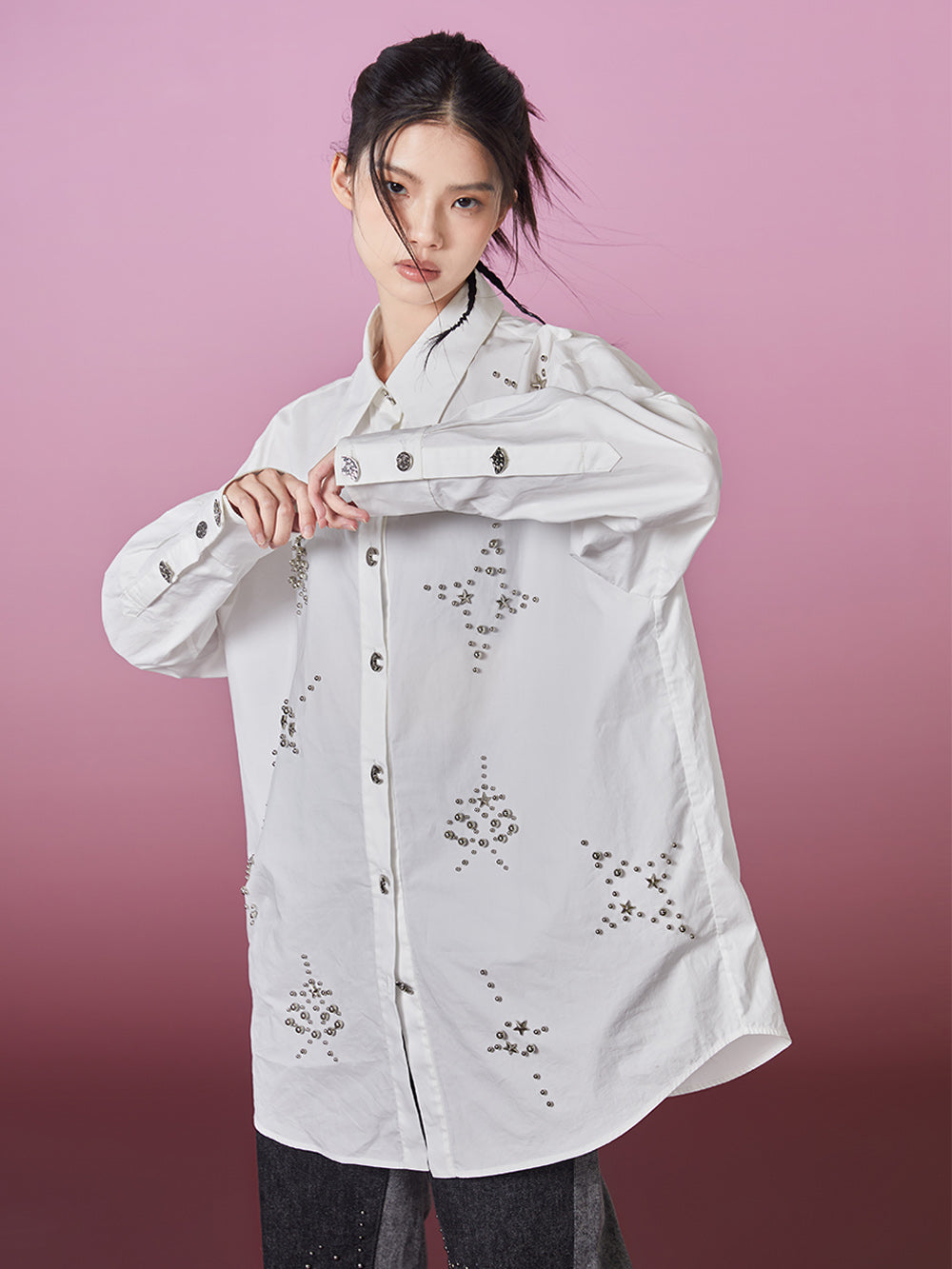 MUKZIN Silver Rivets Loose-fitting White Shirt