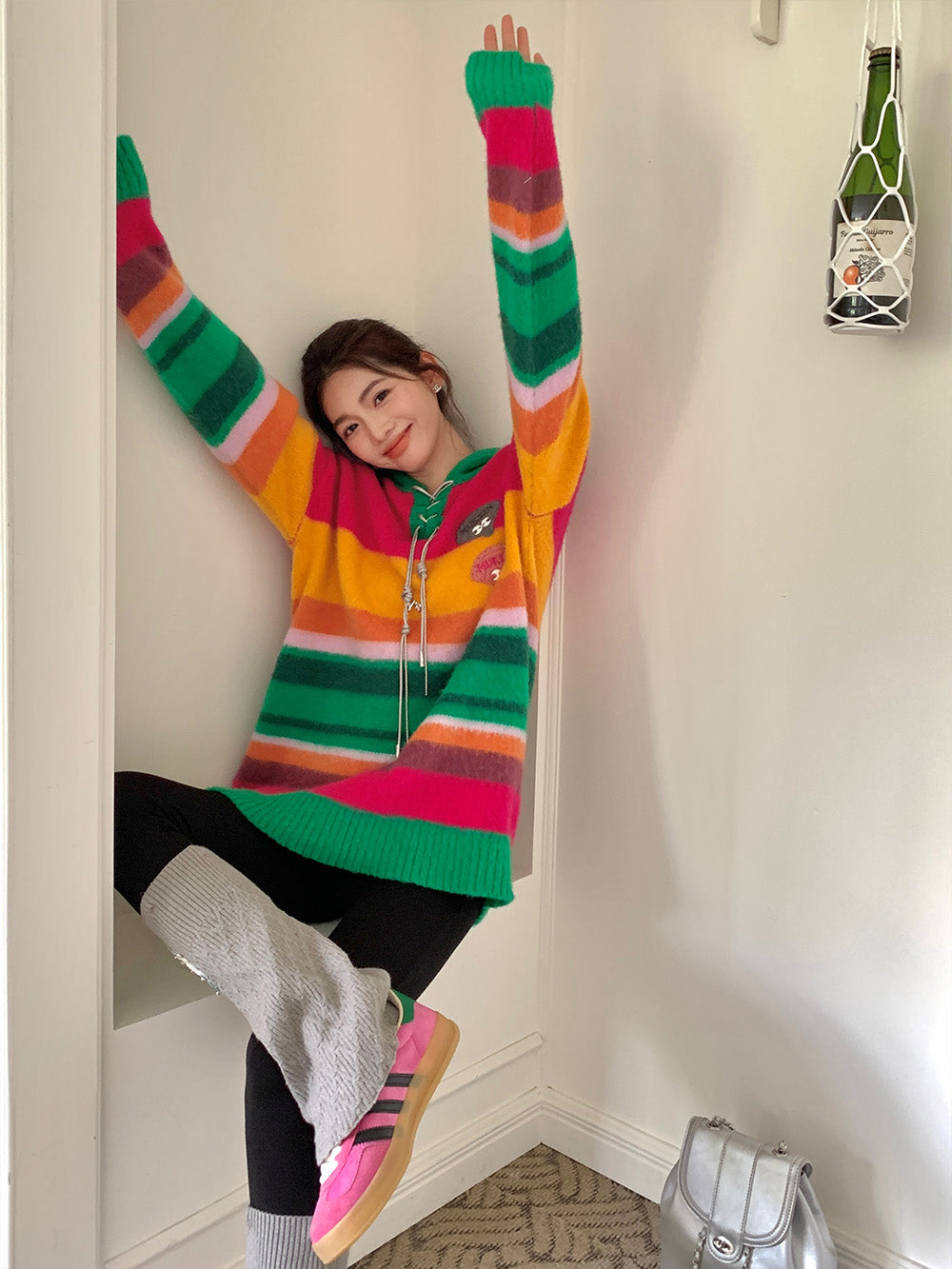 MUKZIN Ginger Rose Red Green Yarn Hooded Sweater