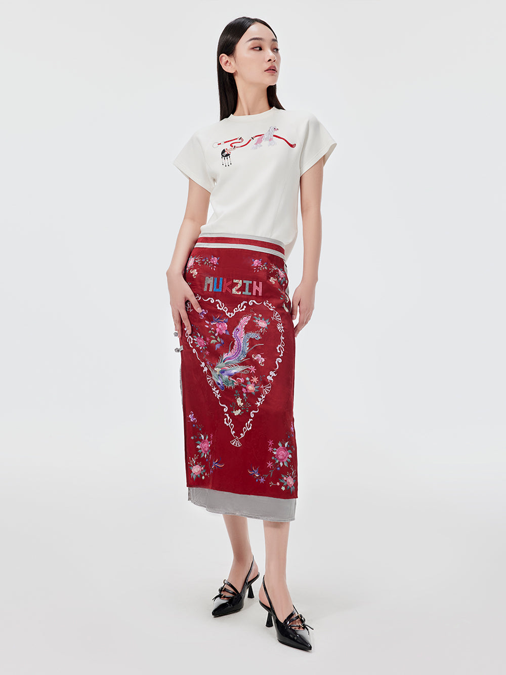 MUKZIN Red Embroidered Chinese Ethnic Style Midi Skirt