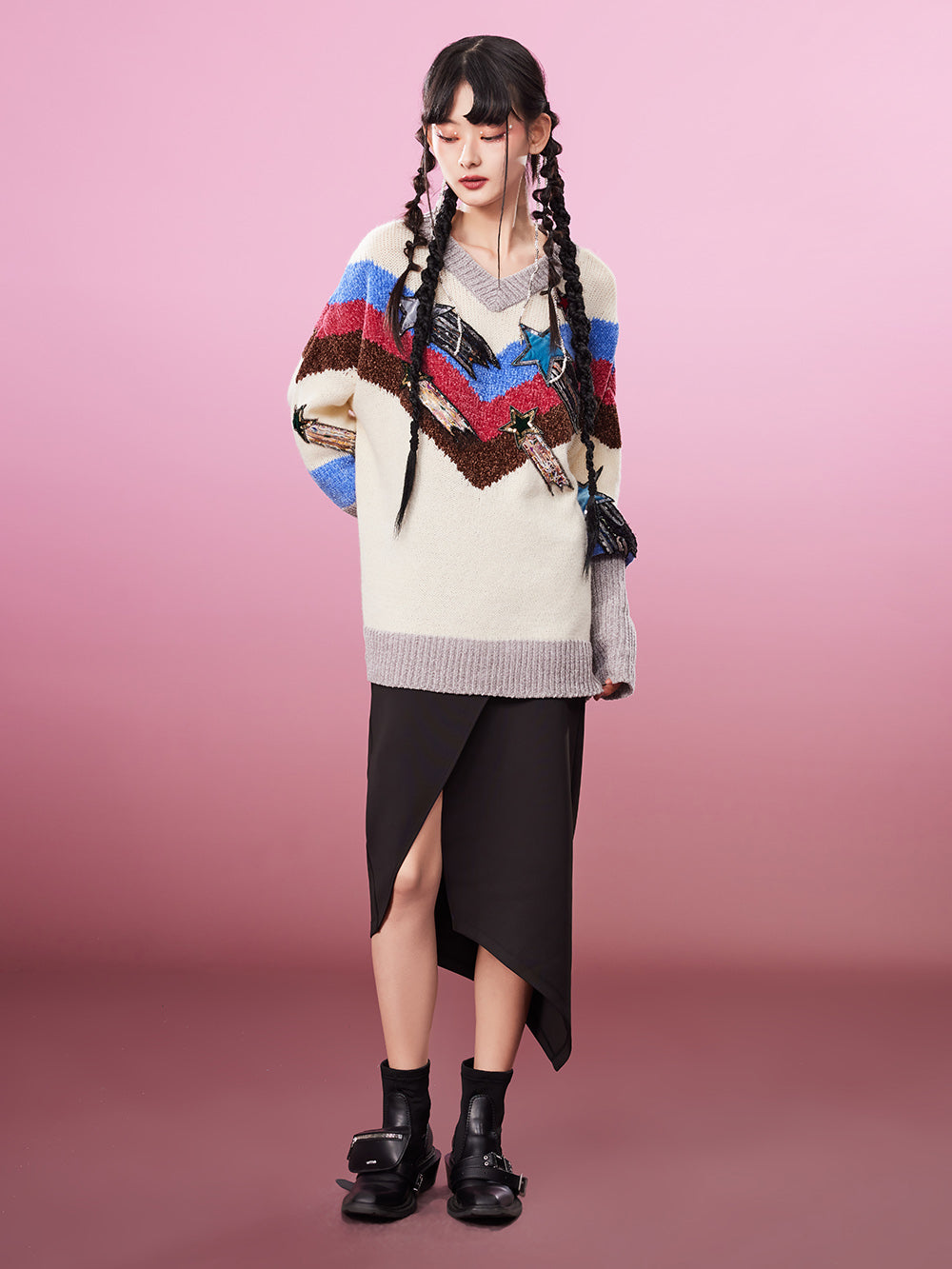 MUKZIN Retro V-neck PatchworkPopular Sweater Contrasting Colors