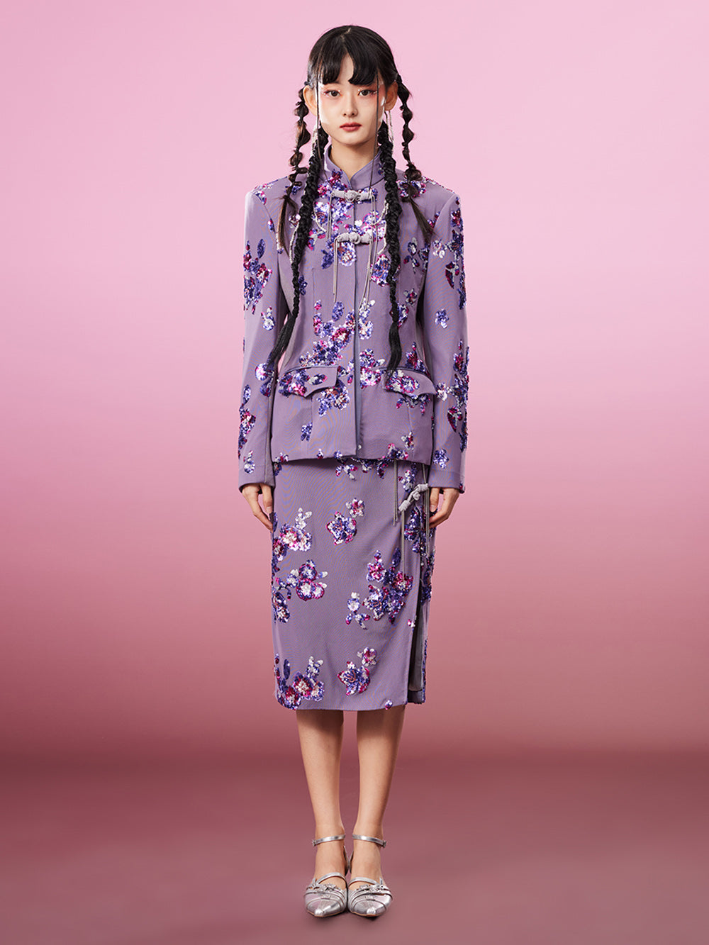 MUKZIN Slim Purple Chinese Style Printed Coat