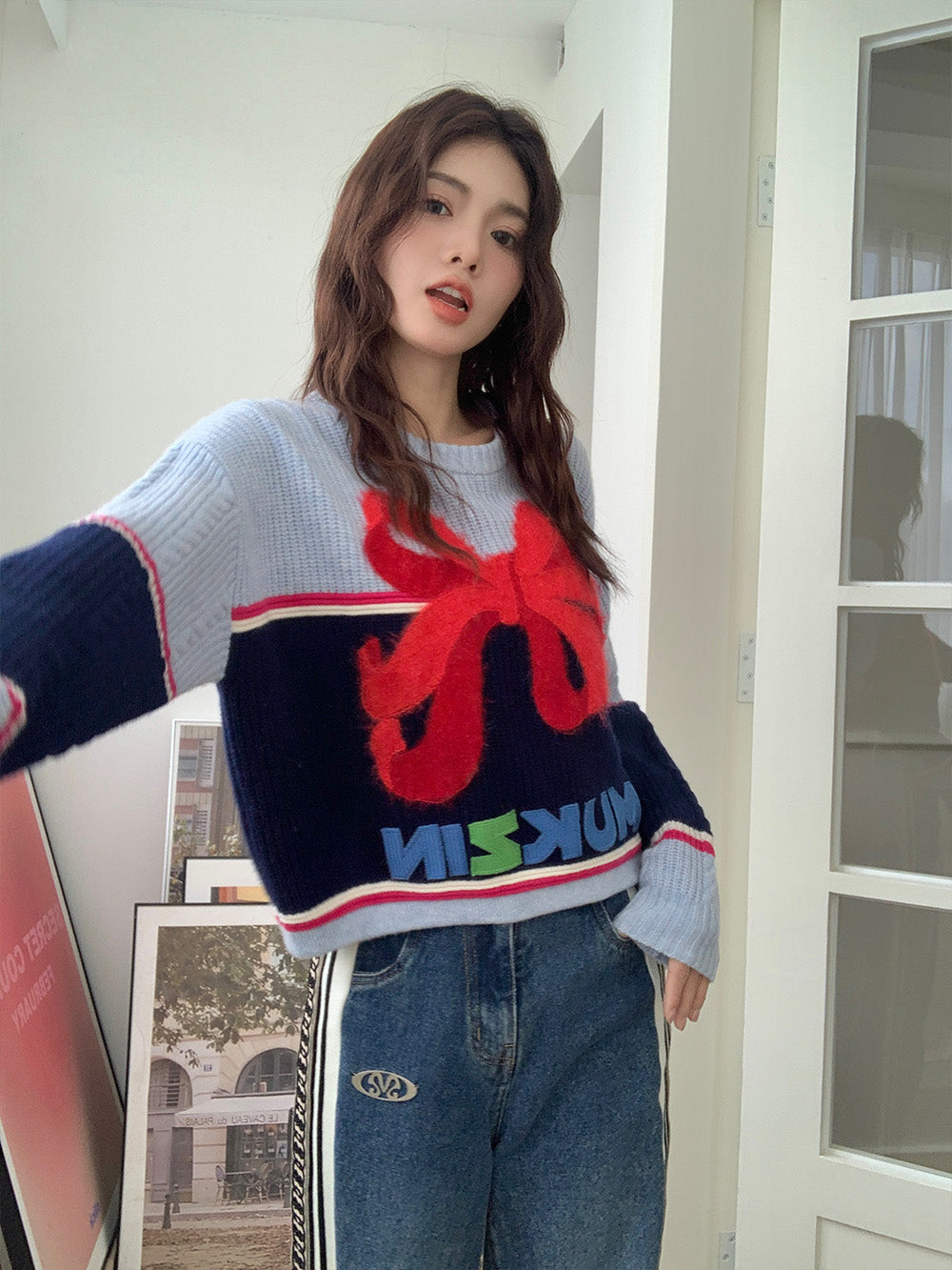 MUKZIN Bowknot Ginger and Red Color Blocking Sweater