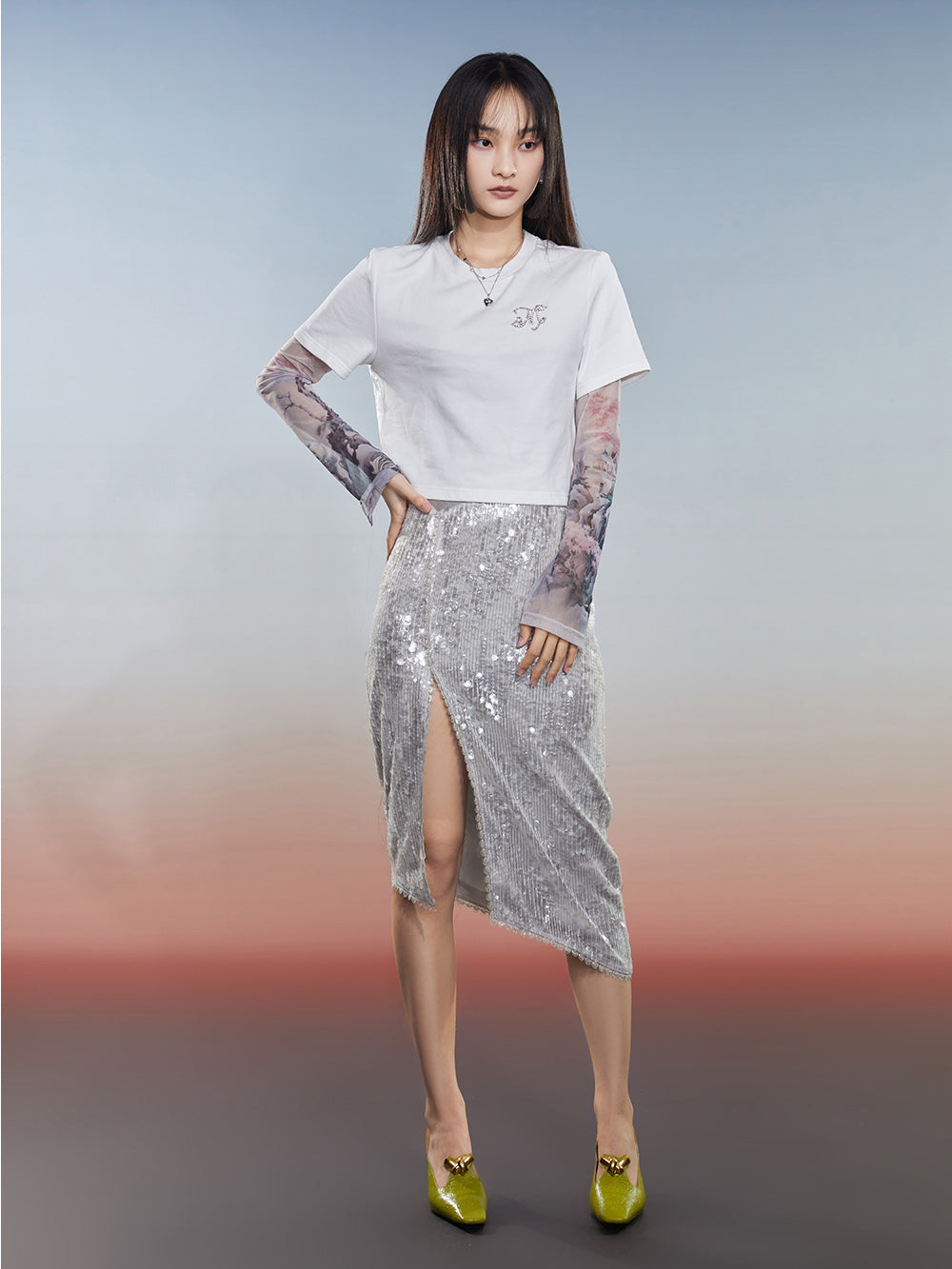 MUKZIN Sequin Straight Midi Skirt