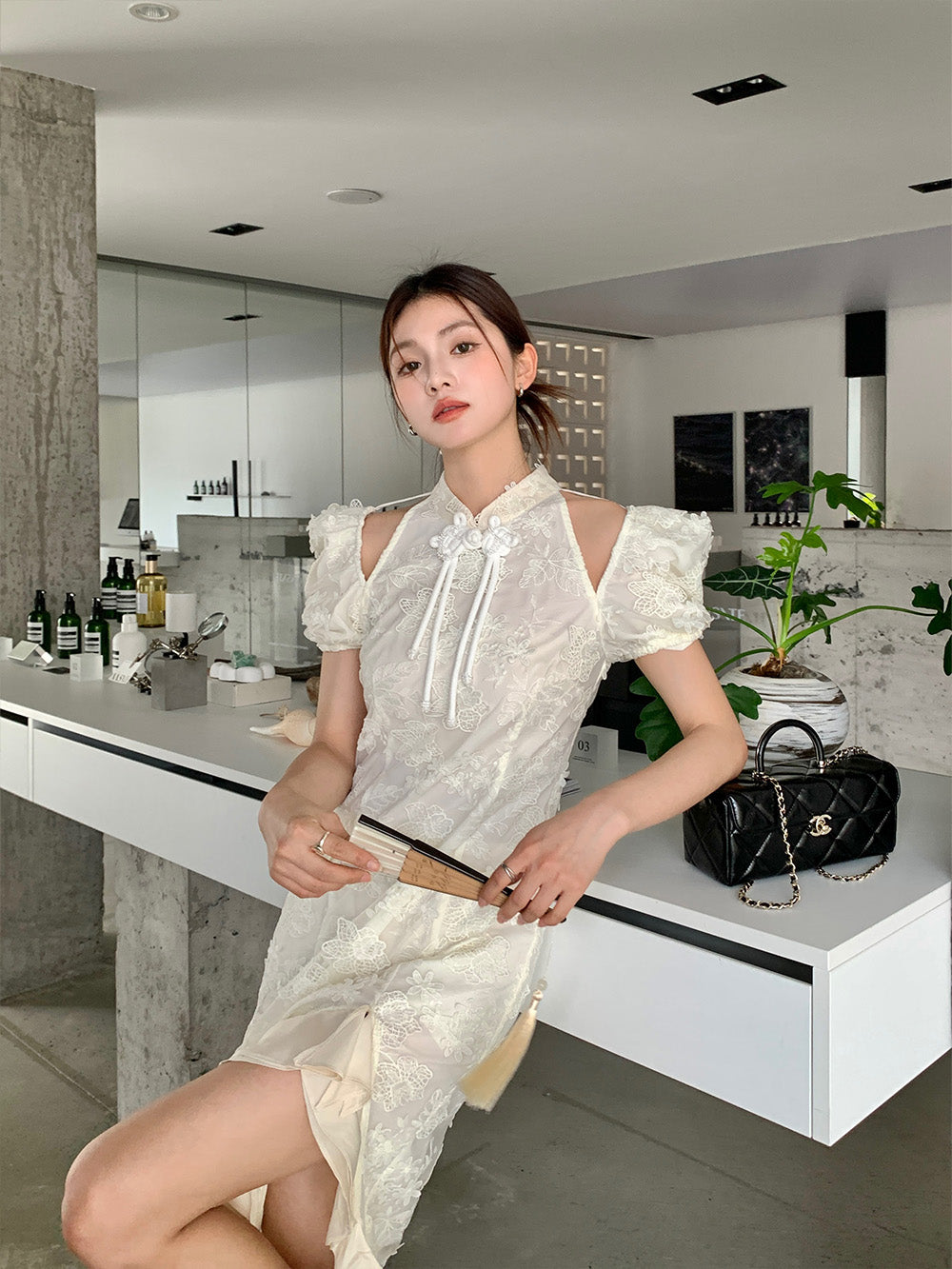MUKZIN Lace Print Hollow Puff Sleeve Cheongsam Qi Pao