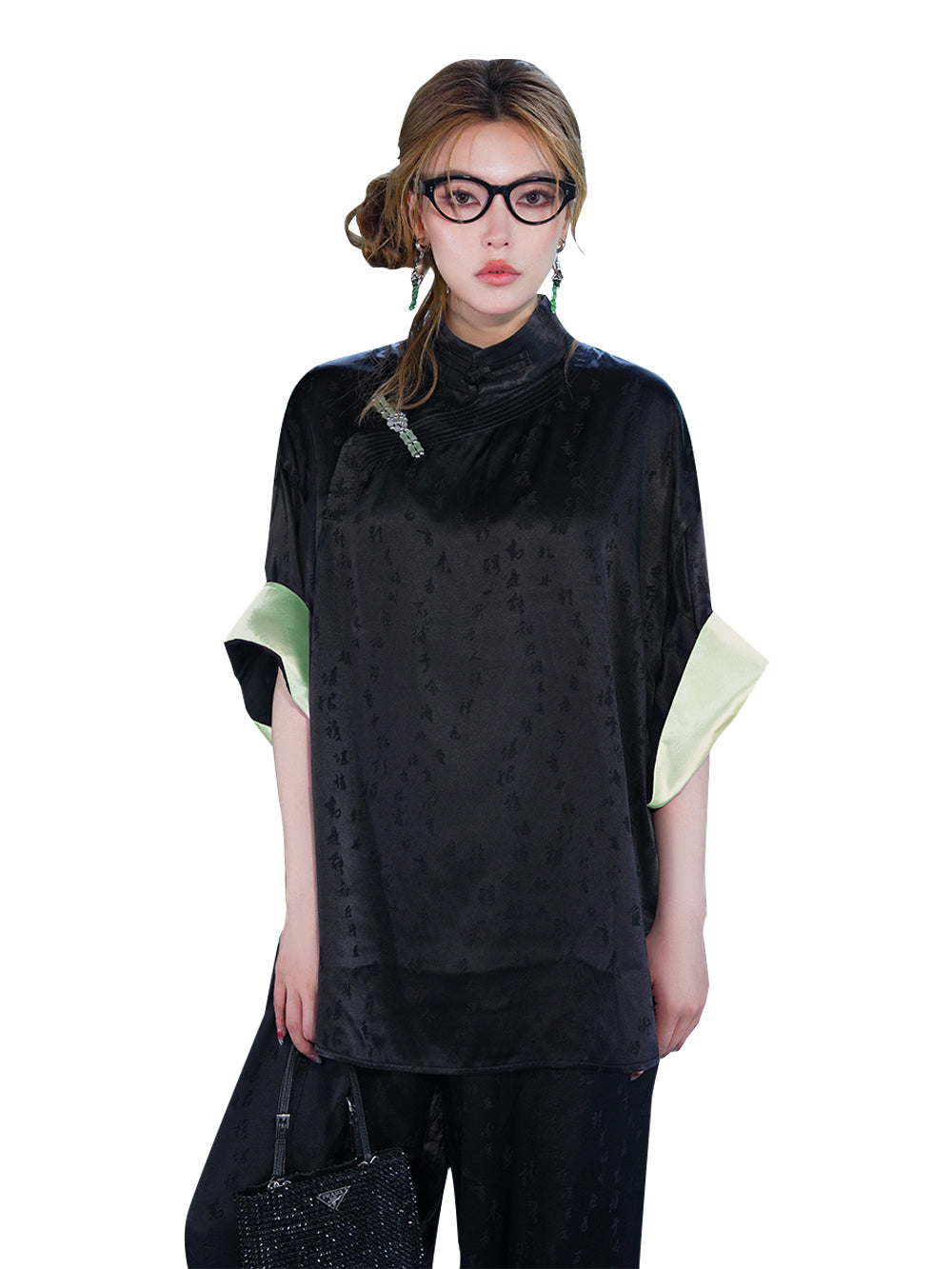 MUKZIN Black Chinese Character Printed Cheongsam Collar Loose T-shirt