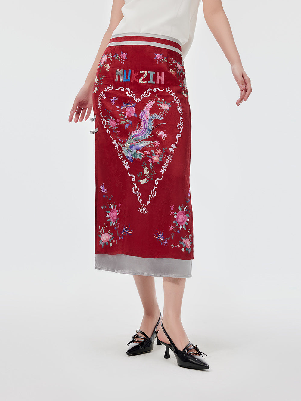 MUKZIN Red Embroidered Chinese Ethnic Style Midi Skirt