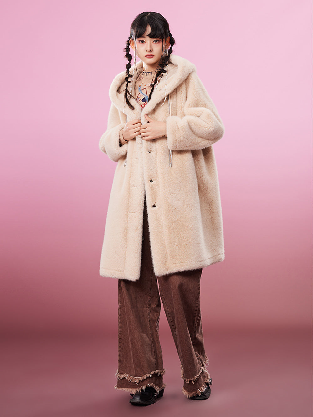 MUKZIN Cute Warm Long Beige Fur Coat