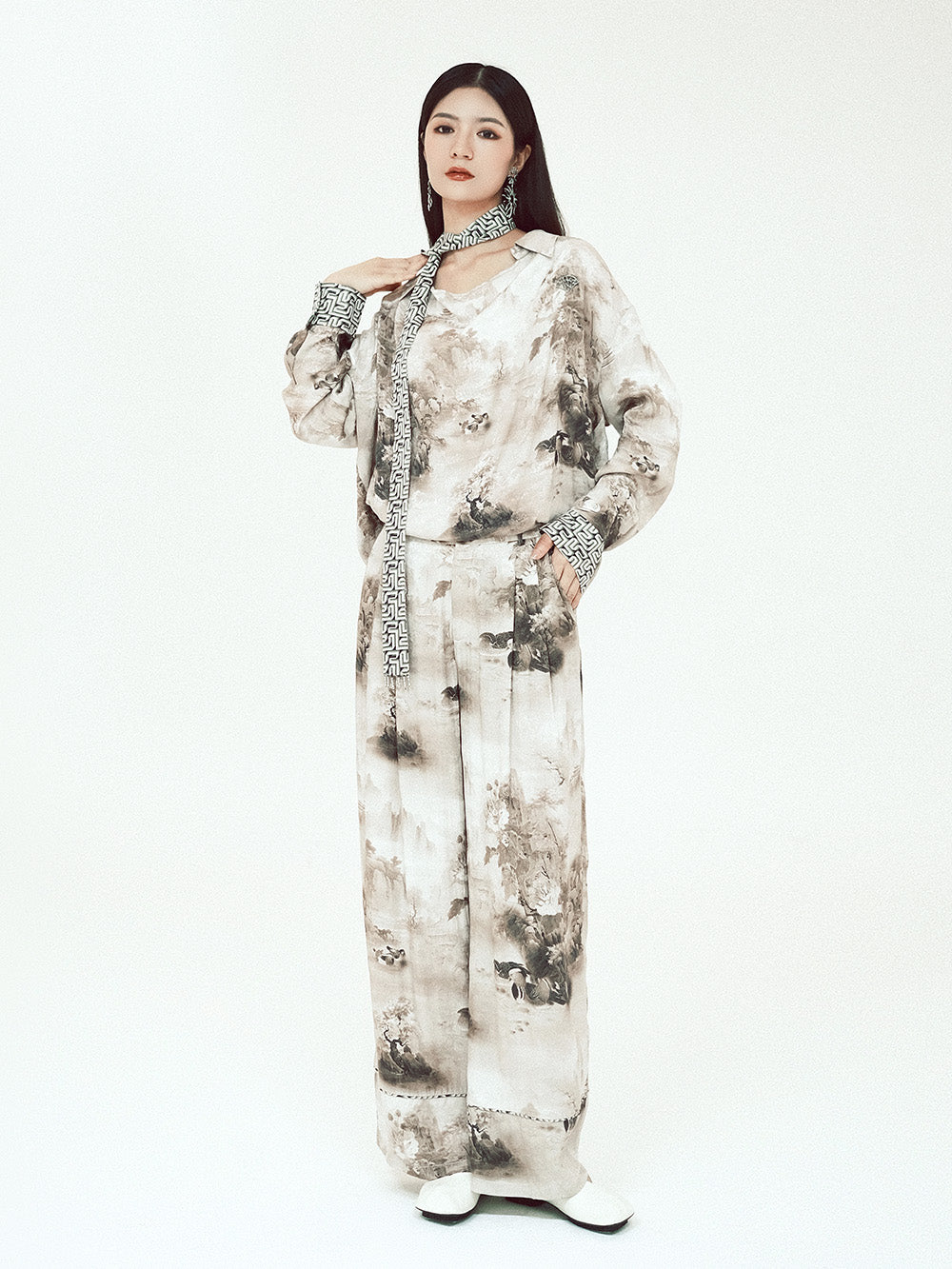 MUKZIN Lilong "Mandarin Duck" Ink-Wash Wide Leg Pants