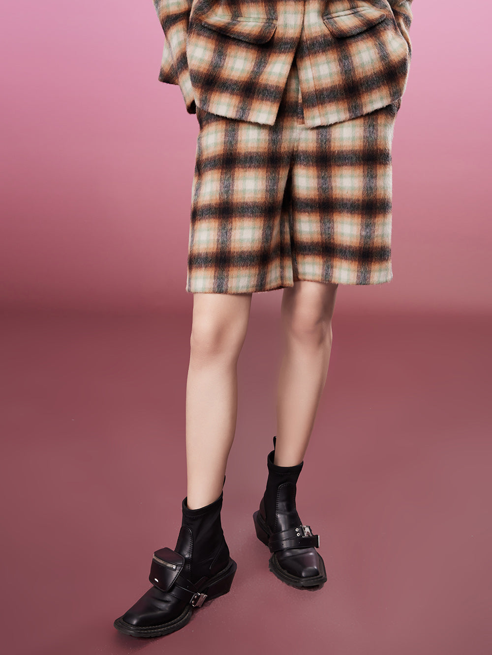 MUKZIN Brown Exquisite Woolen Plaid Short Shorts