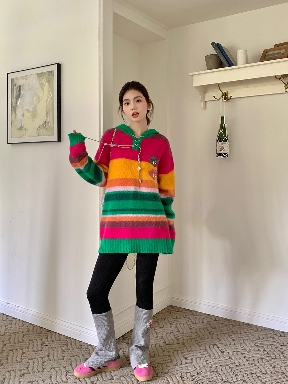 MUKZIN Ginger Rose Red Green Yarn Hooded Sweater