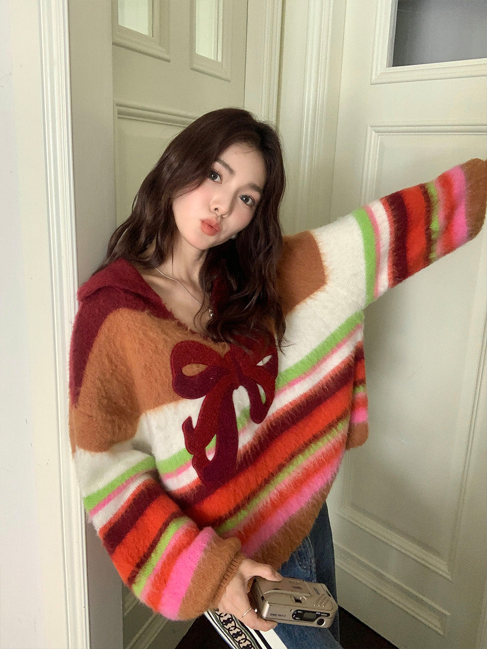 MUKZIN Bow Striped All-match Casual Cute Sweatshirt