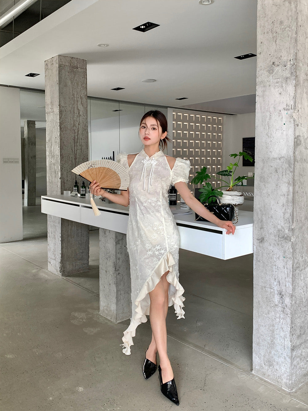MUKZIN Lace Print Hollow Puff Sleeve Cheongsam Qi Pao