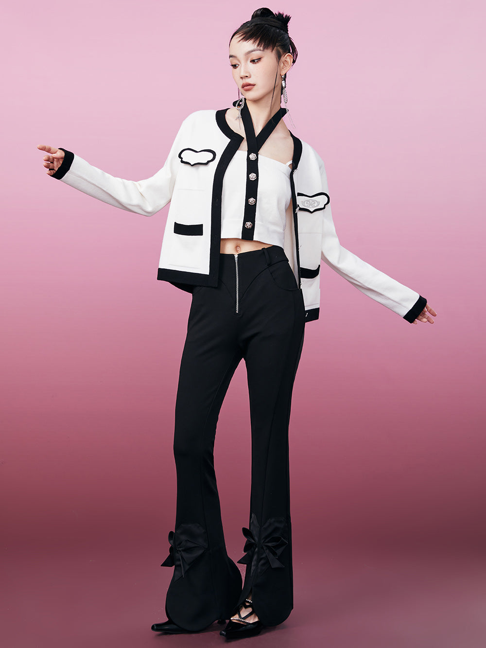 MUKZIN Black and White Chanel-inspired Two-piece Knited Cardigan