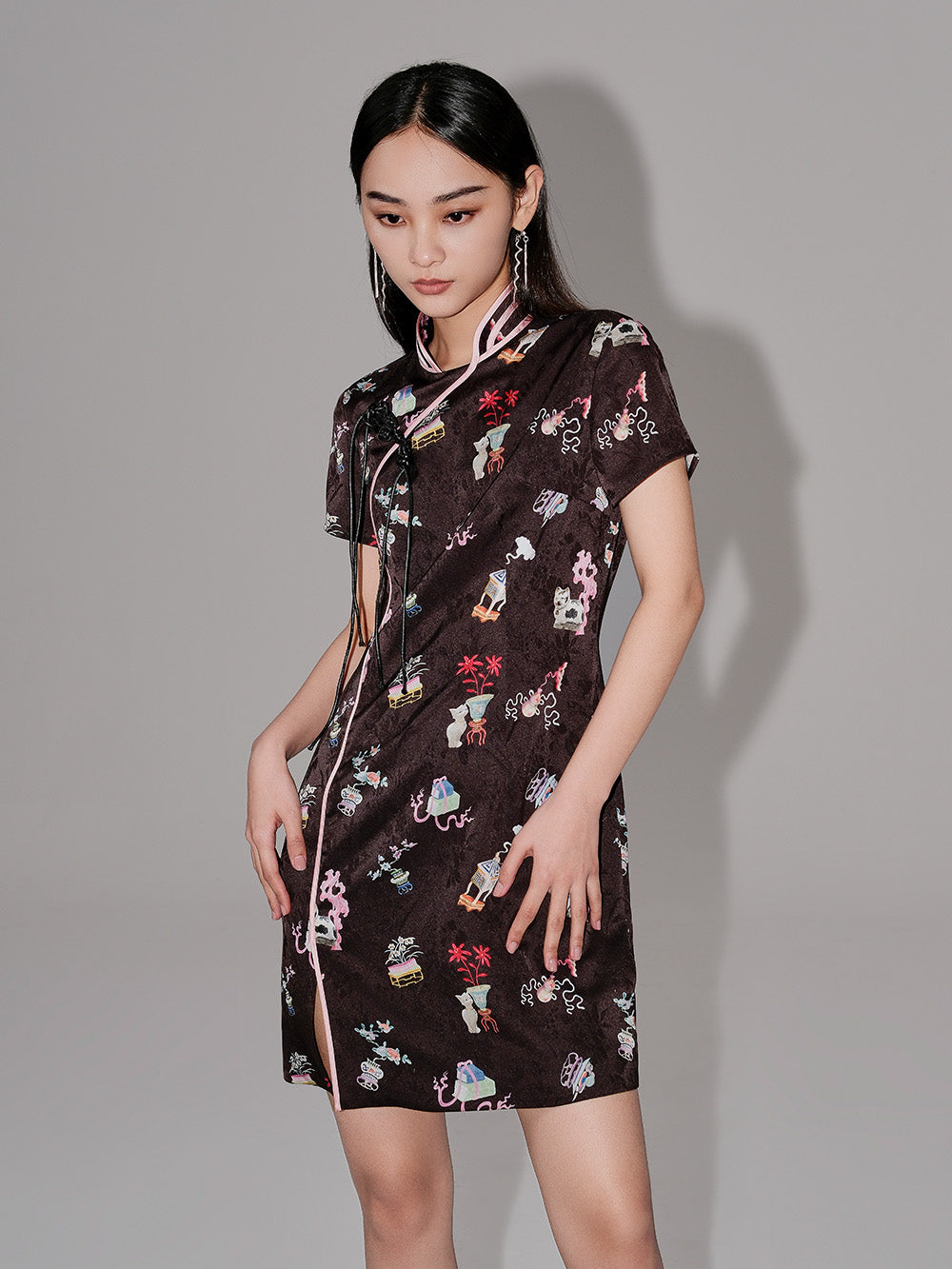 MUKZIN Creative Printed Slit Short-Sleeved Cheongsam
