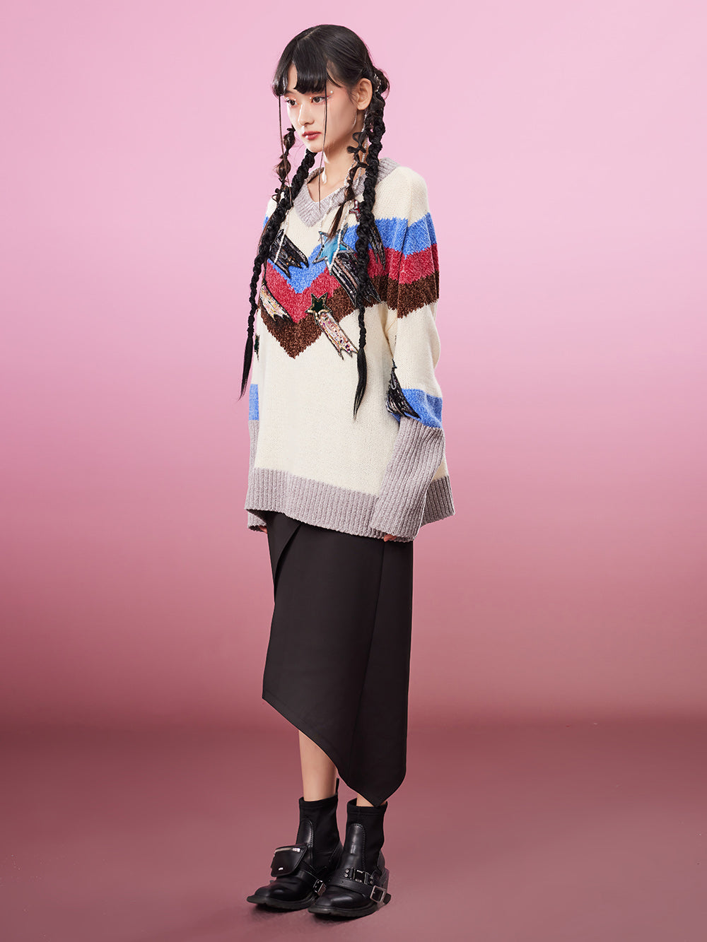 MUKZIN Retro V-neck PatchworkPopular Sweater Contrasting Colors