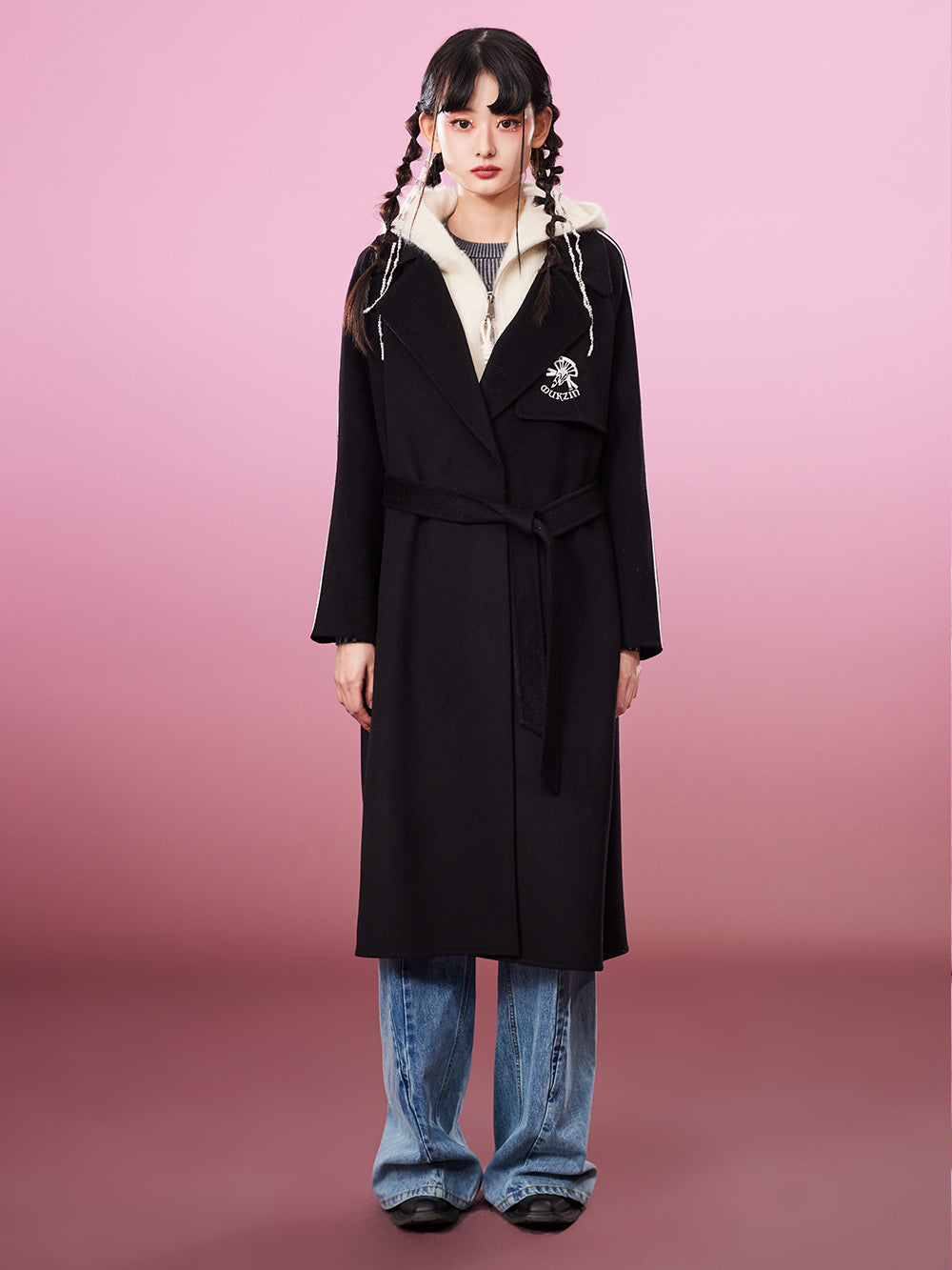 MUKZIN Logo Classic Casual Black Woolen Coat