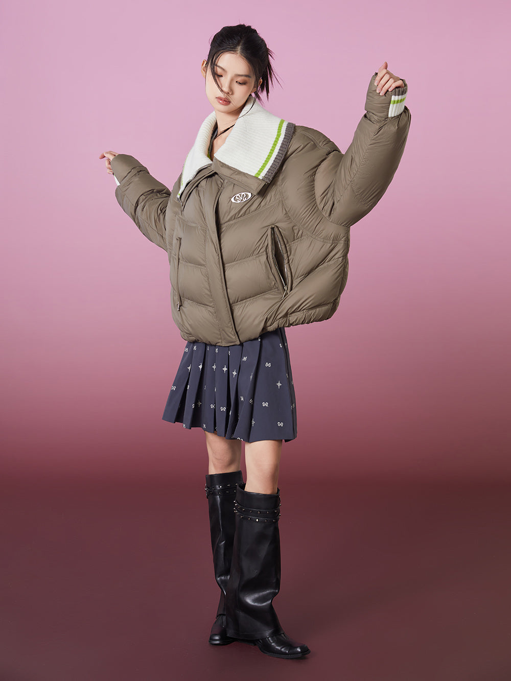 MUKZIN  Khaki Green Warm Versatile Down Jacket with Detachable Collar