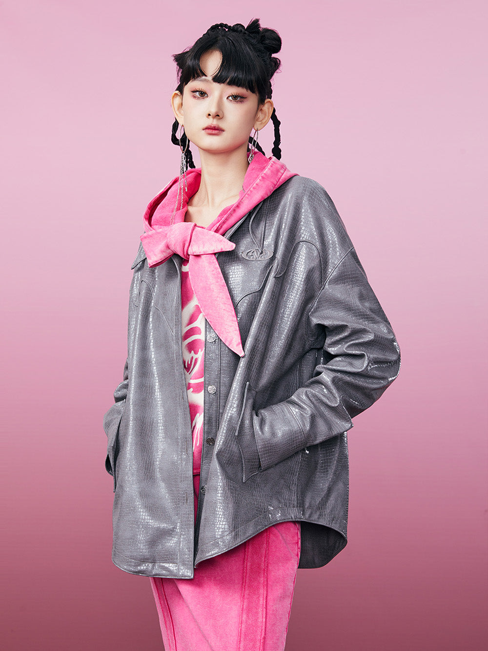 MUKZIN PU Fabric Rock Roll Gray Jacket Shirt