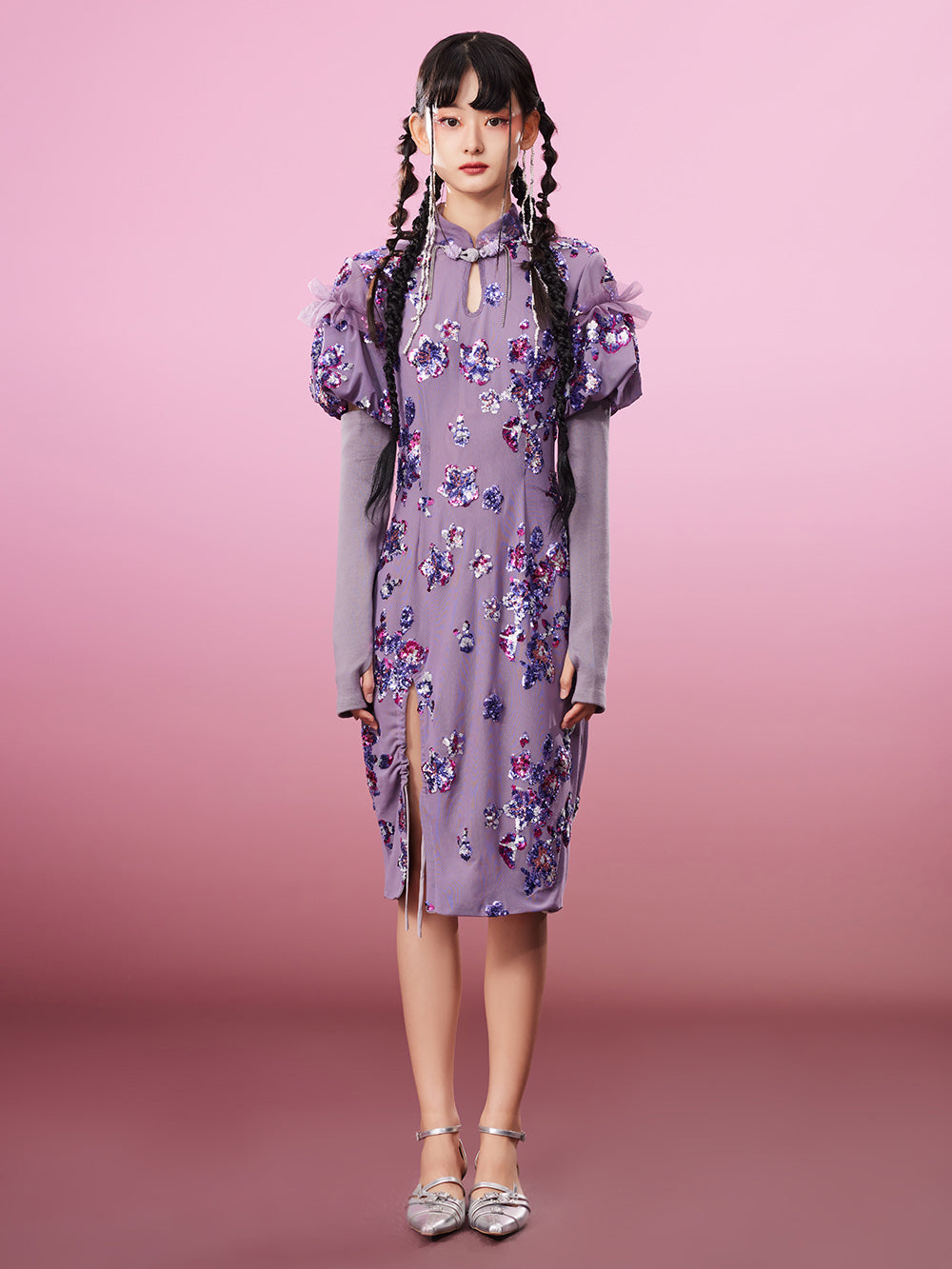 MUKZIN Charming Slim-fitting Purple Slit Original Cheongsam Dress