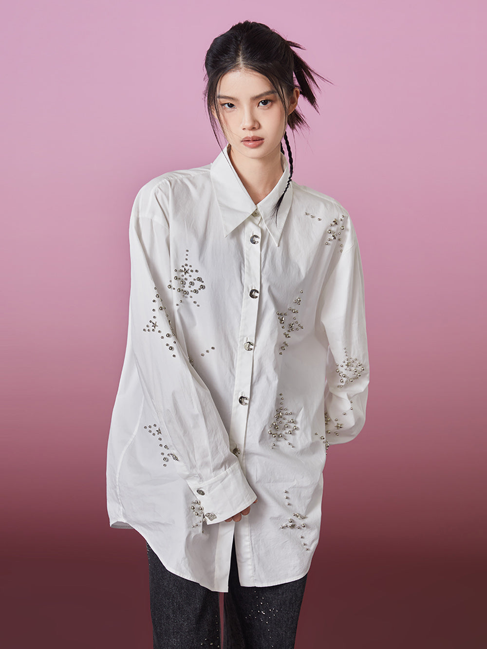 MUKZIN Silver Rivets Loose-fitting White Shirt