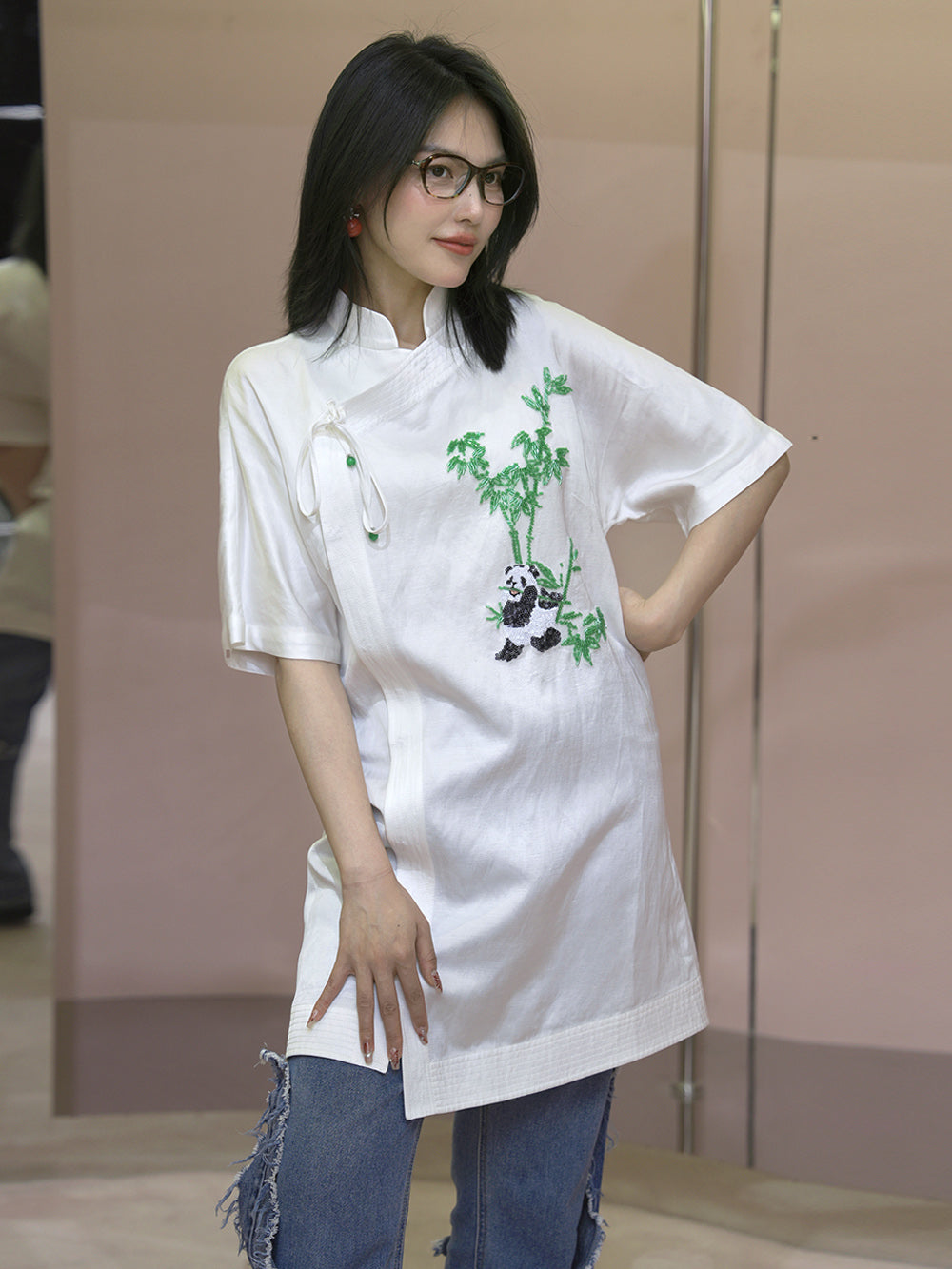 MUKZIN Chinese Style Stand Collar Panda Embroidered Shirt Dress