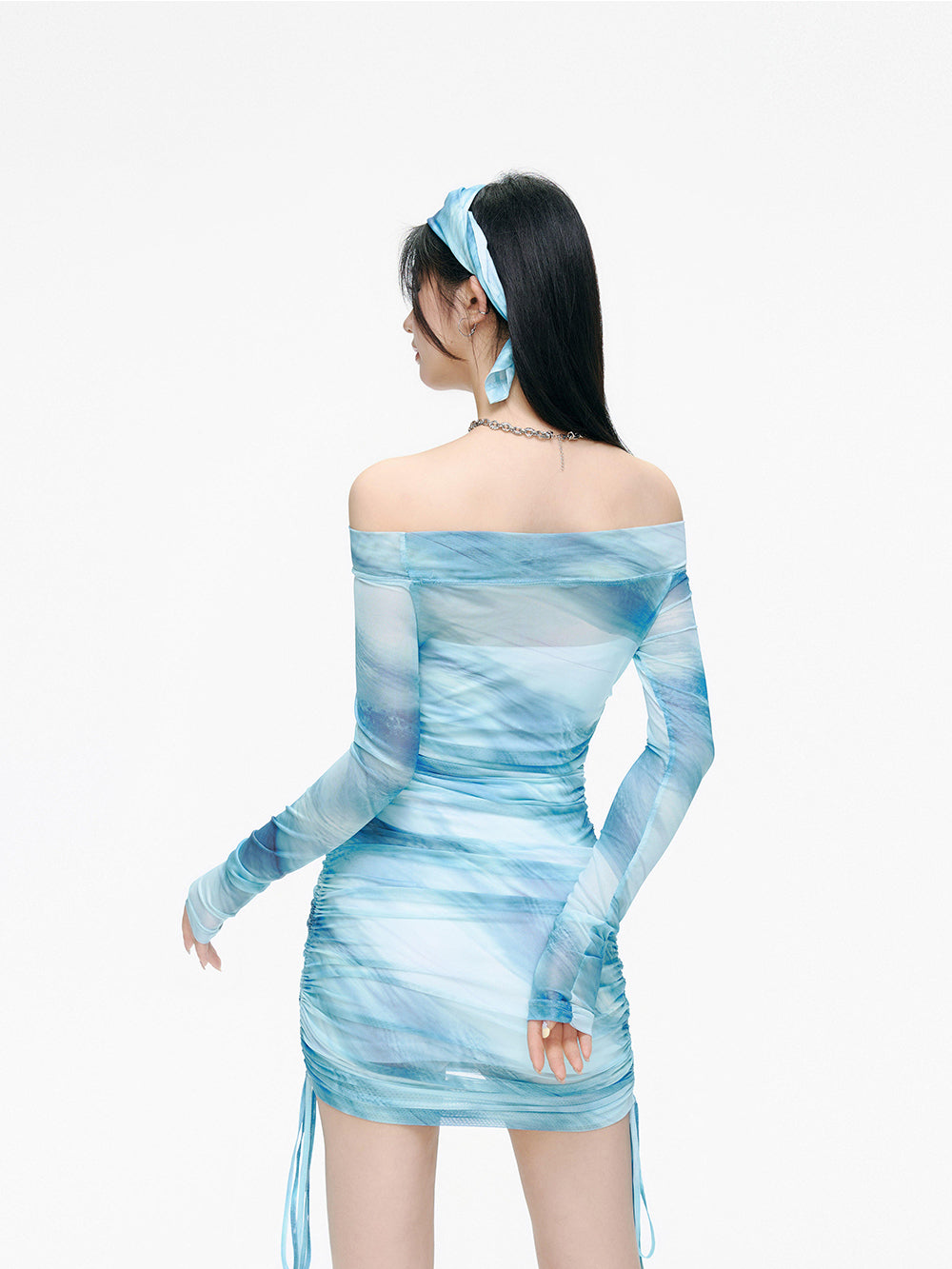 MUKTANK x ARDENCODE Fitted Ruched Mesh One-Shoulder Bandeau Dress