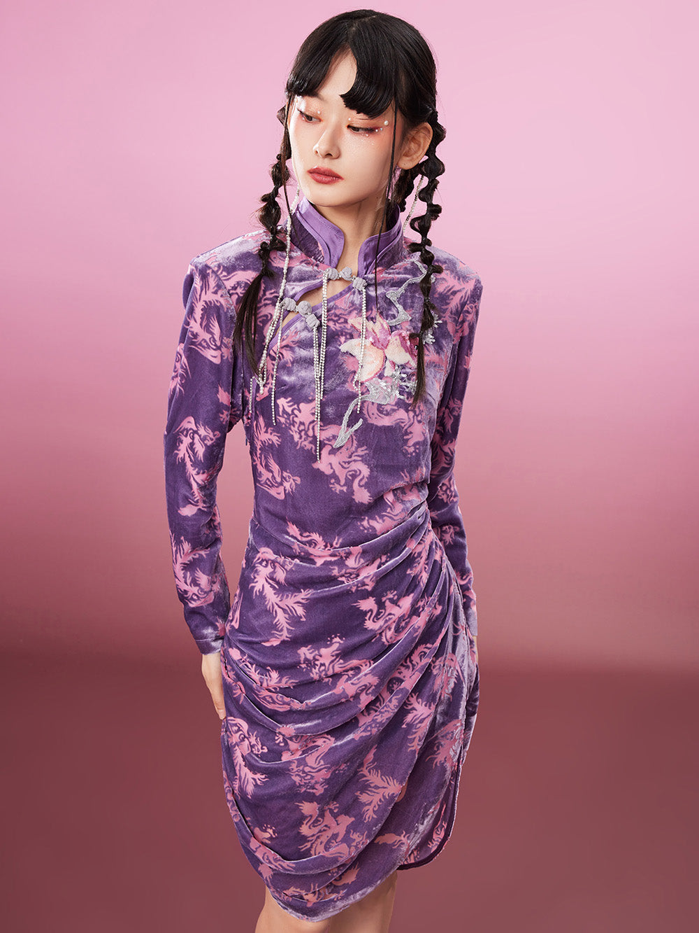 MUKZIN Waist Stand Collar Purple Embroidered Classic Cheongsam Dress