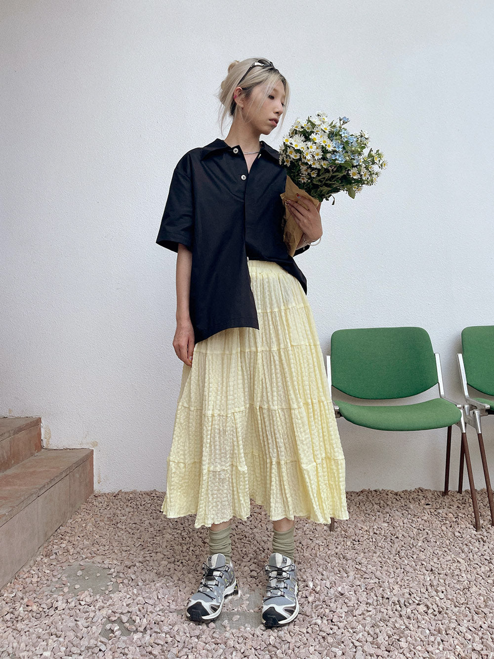 MUKTANK x TPG Yellow Crinkle Pleated Voluminous Vacation-Style A-Line Skirt