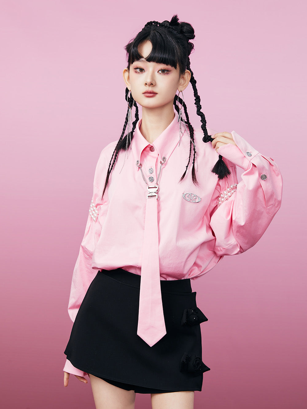 MUKZIN Pink Fashion Pearl Embellished Long Sleeve Shirt (With Tie)