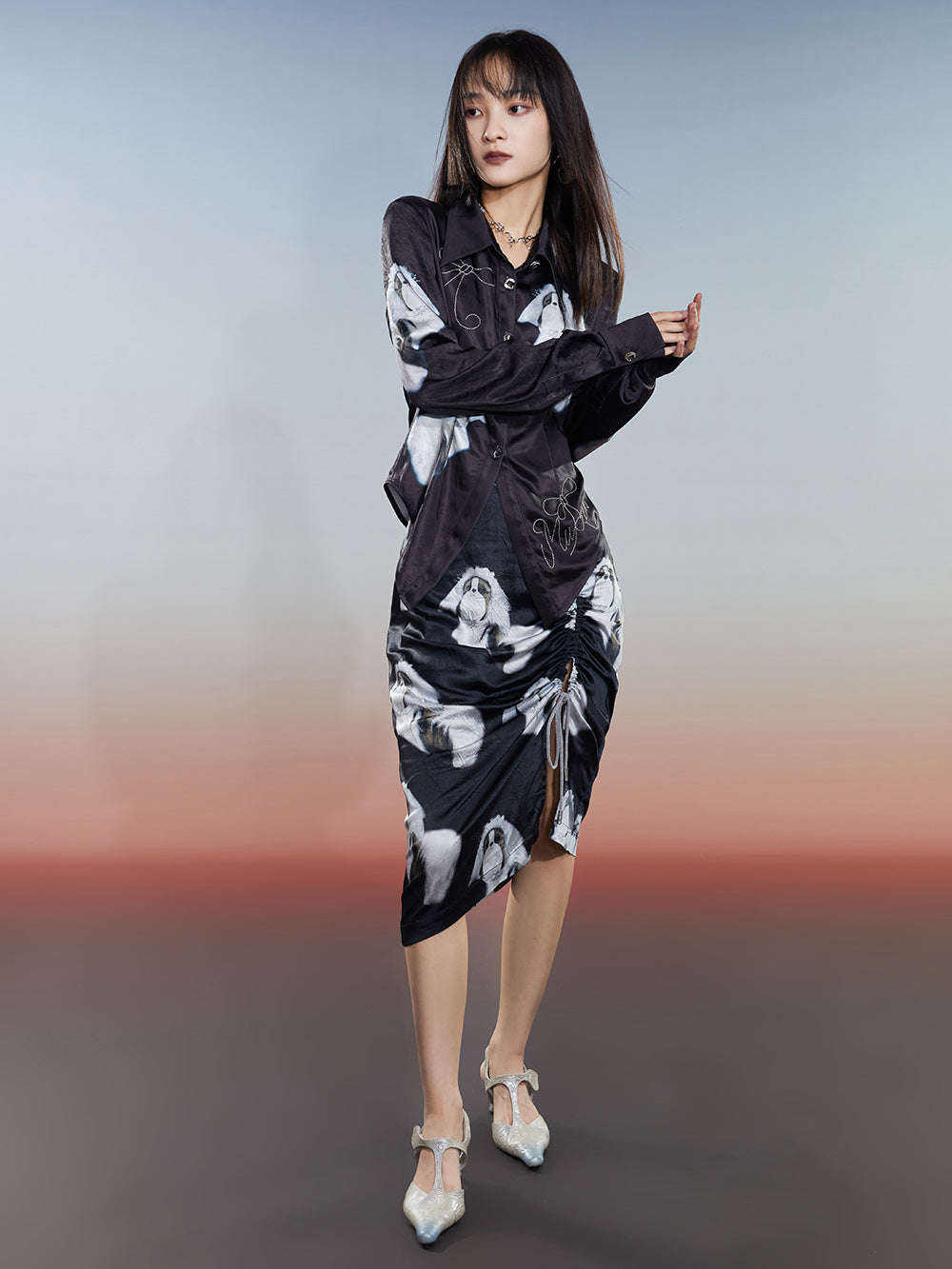 MUKZIN Printed Slim-fitting Slit Retro Versatile High-quality Skirt