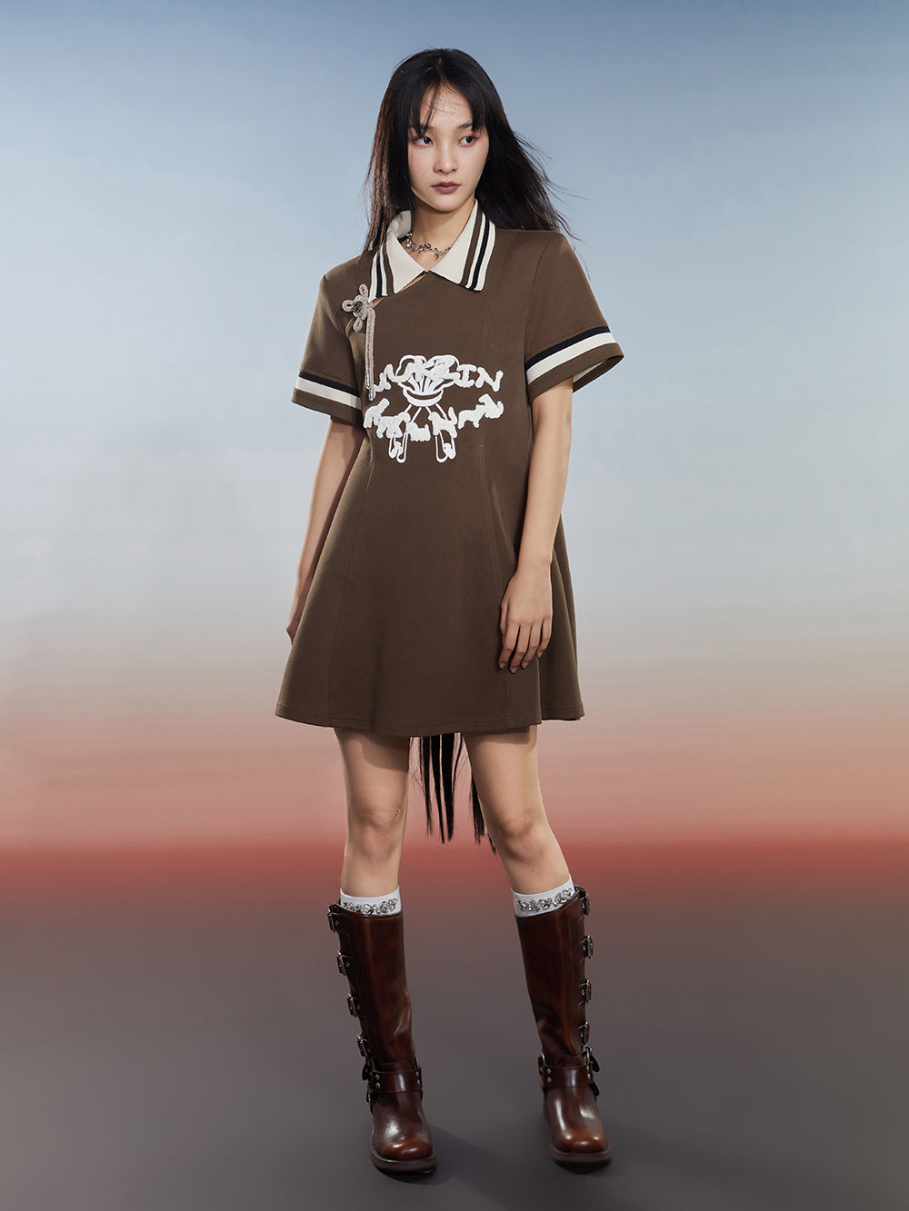 MUKZIN Slim Fit Classic Patchwork Striped Preppy Dress