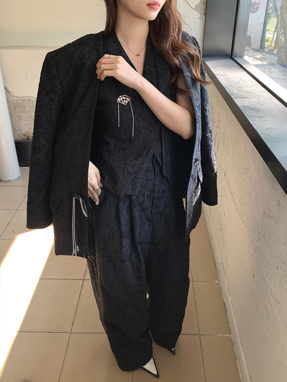 MUKZIN Black Stylish Jacquard DurableVersatile Suit