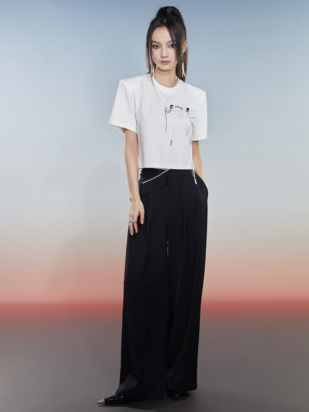 MUKZIN Black Loose Suit Pants with Crossover Design at the Waist
