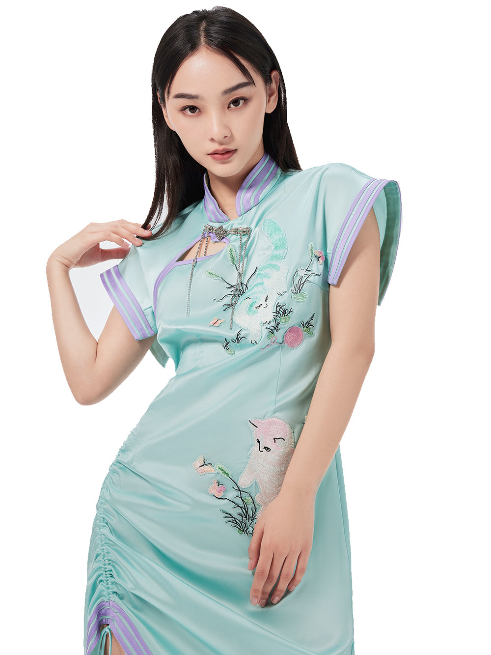 MUKZIN Cat Print Sleeveless Drawstring Cheongsam Qi Pao