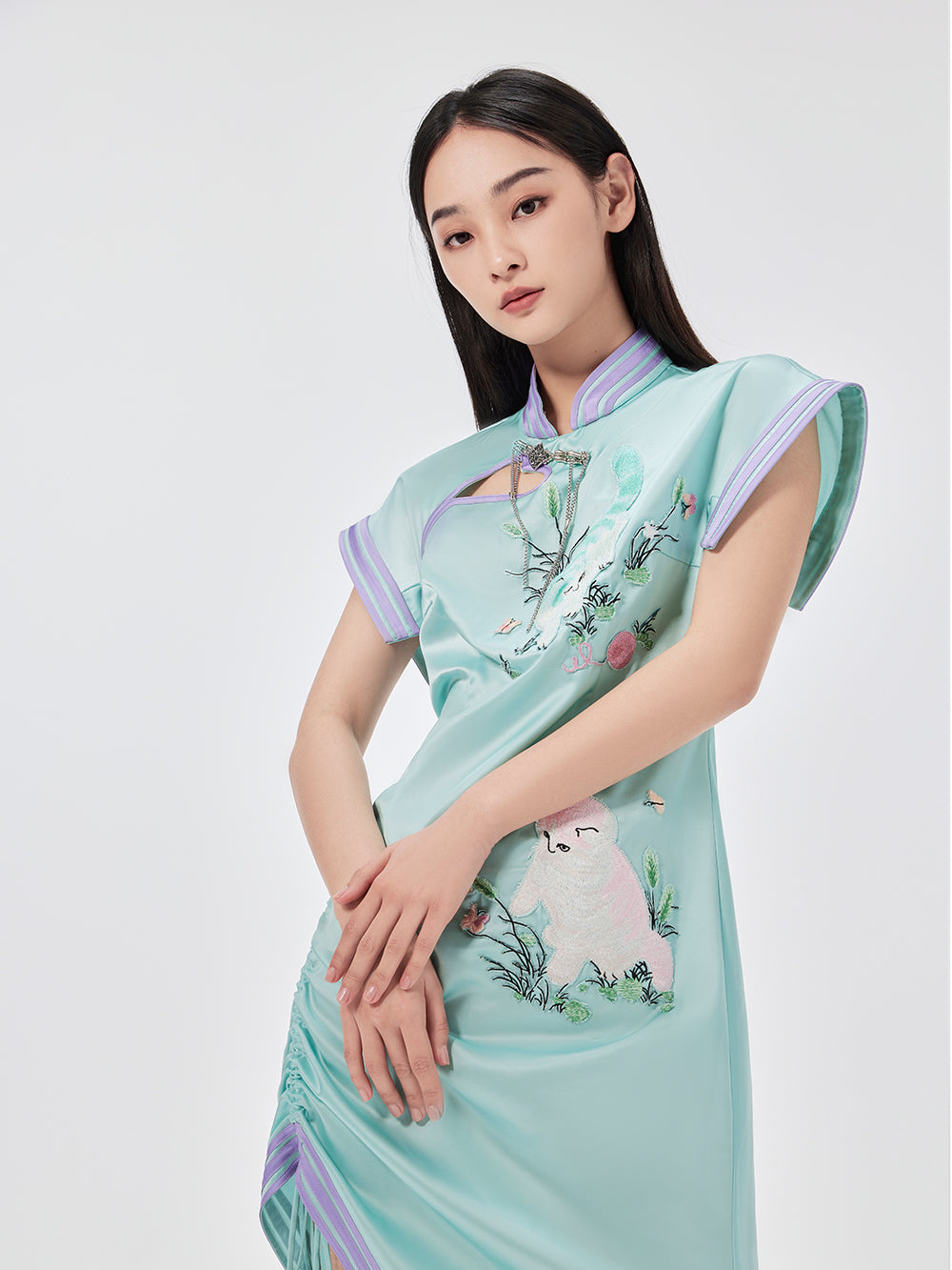 MUKZIN Cat Print Sleeveless Drawstring Cheongsam Qi Pao