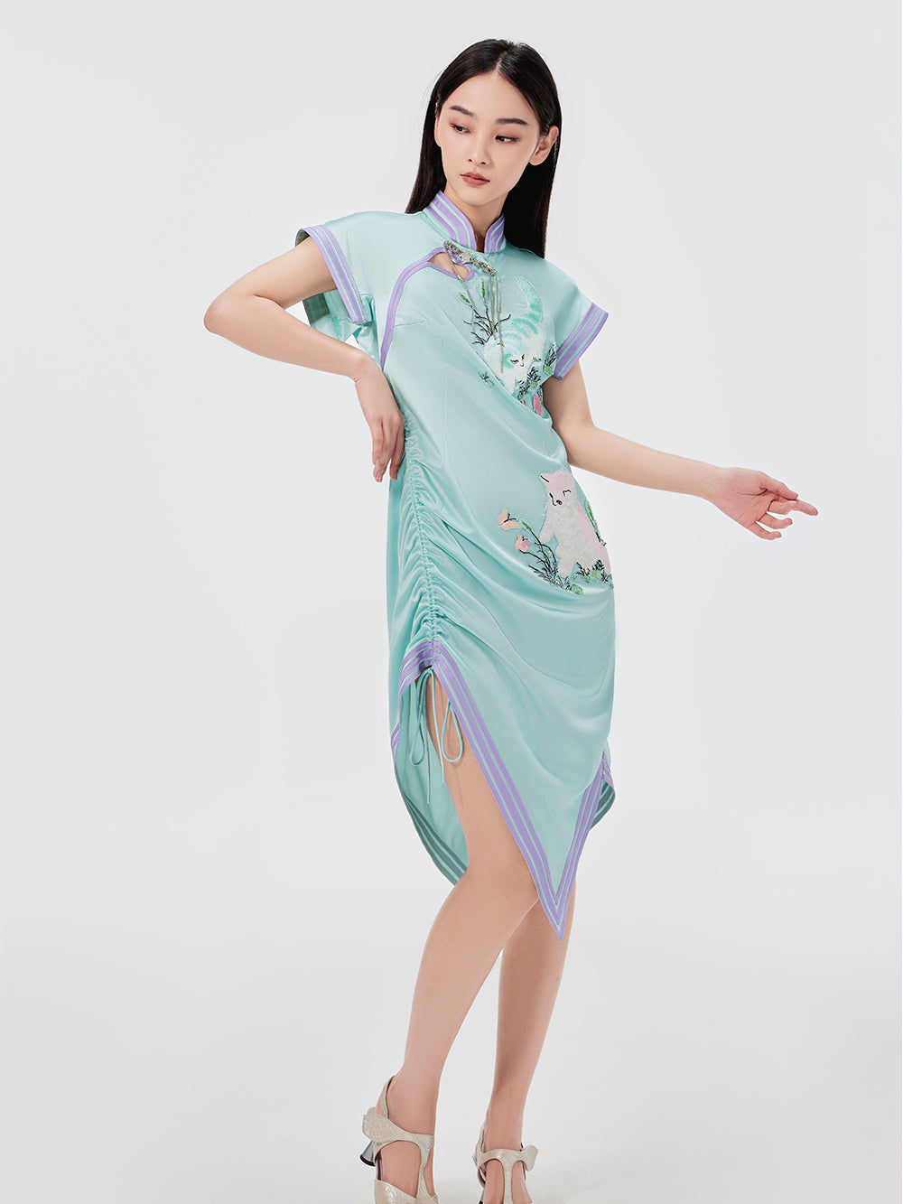 MUKZIN Cat Print Sleeveless Drawstring Cheongsam Qi Pao