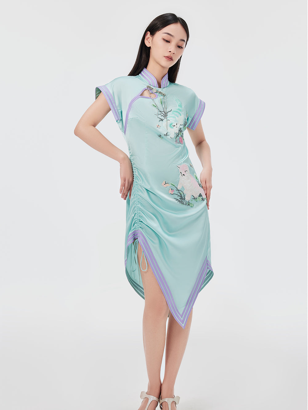 MUKZIN Cat Print Sleeveless Drawstring Cheongsam Qi Pao