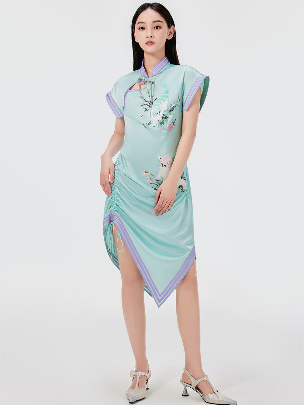 MUKZIN Cat Print Sleeveless Drawstring Cheongsam Qi Pao