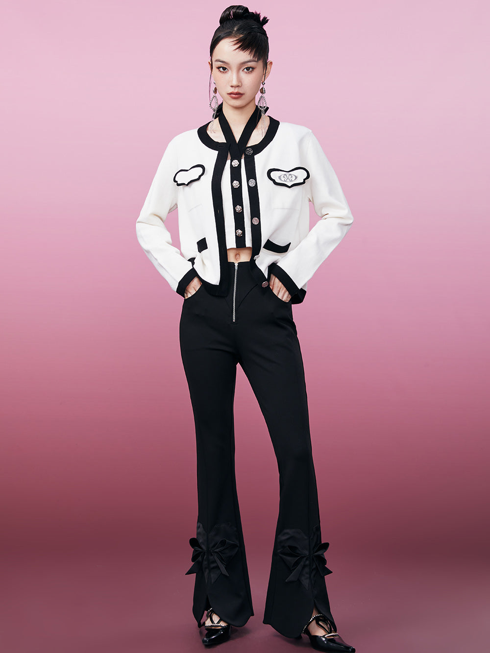 MUKZIN Black and White Chanel-inspired Two-piece Knited Cardigan