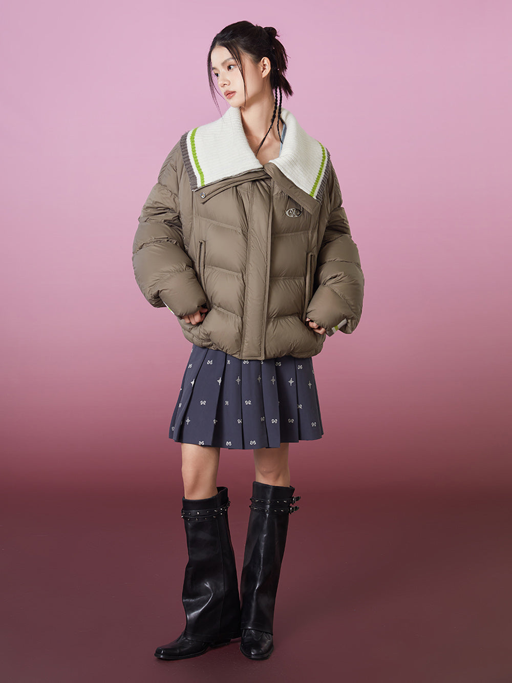 MUKZIN  Khaki Green Warm Versatile Down Jacket with Detachable Collar
