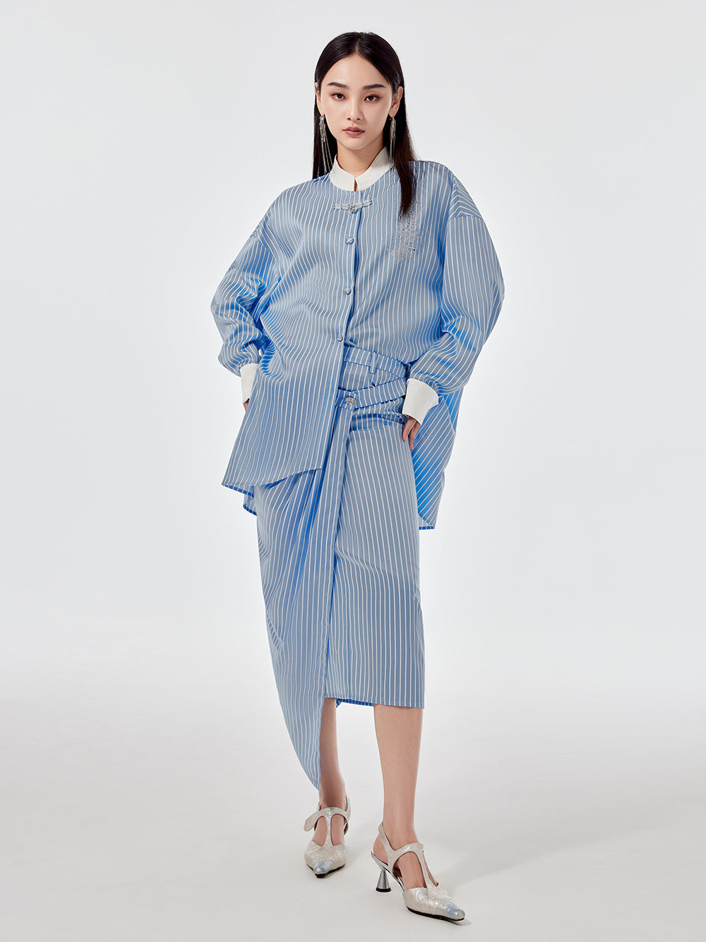 MUKZIN Linglong Series "Biluo" Blue and White Striped Improved Tang Suit Shirt