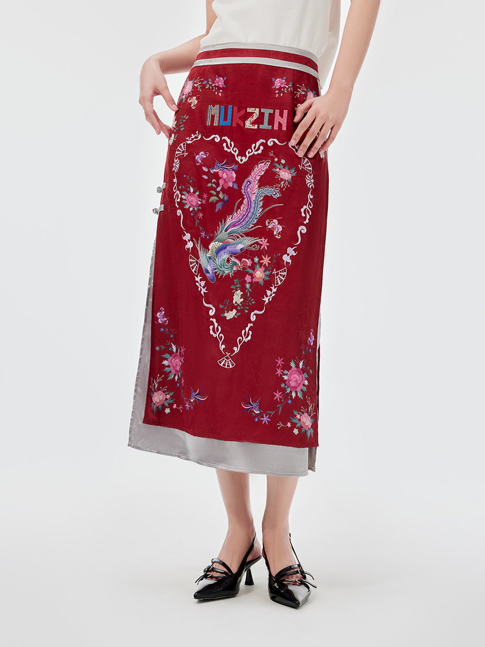 MUKZIN Red Embroidered Chinese Ethnic Style Midi Skirt