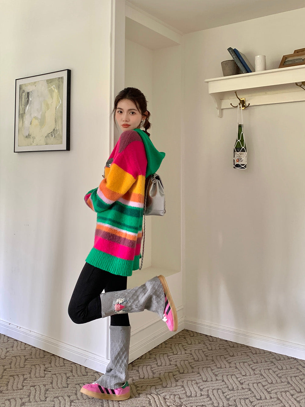 MUKZIN Ginger Rose Red Green Yarn Hooded Sweater